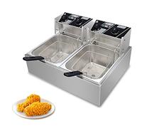 Freidora de Doble Cubeta, Freidora Profunda, Freidora Doble Eléctrica Comercial con 2 Cestas, Capacidad Total 20L: 2 Cubetas 10L, Control Termostático, Aceite Limpio Más Tiempo, Lavavajillas
