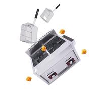 Freidora de gas comercial de acero inoxidable con cestas y tapas, ideal para restaurantes y cocina familiar