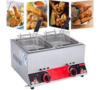 Freidora de gas comercial, freidora de sobremesa de 11 litros con doble cesta, freidora de acero inoxidable para GLP con llama ajustable y asa de tacto frío para uso en restaurantes o cocinas domést