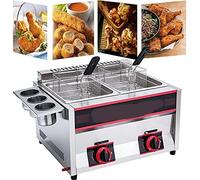 Freidora de gas comercial, freidora de sobremesa de 11 litros con doble cesta, freidora de acero inoxidable para GLP con llama ajustable y asa de tacto frío para uso en restaurantes o cocinas domést