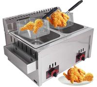 Freidora de gas doble de acero inoxidable de grado comercial con potencia de fuego ajustable, incluye cestas y tapa para una fácil limpieza, ideal para cocinas profesionales