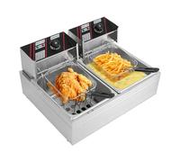 Freidora doble de acero inoxidable, doble tanque freidora eléctrica con tapa, 2 x 6 l, control de temperatura 60-200 ℃, freidora para asar pescado entero o pavo