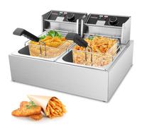 Freidora eléctrica comercial de 5000 W con 2 cestas de 6 L, freidora de encimera de acero inoxidable de 0,8 mm de espesor, gran capacidad de 20 L con limitador de temperatura