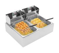 Freidora eléctrica de 2,5 kW de acero inoxidable, doble freidora de 6 l + 6 l, con 2 cestas para freír y 2 tapas, para cocina, restaurante, cafeterías y aperitivos