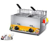Freidora profunda de la mesa de acero inoxidable, capacidad de doble tanque de 12 litros, con 2 canastas y canales condimentados, cocina industrial comercial o uso doméstico, gas LP, constructivo23