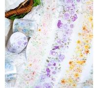 Frekyar Juego de 6 rollos de cinta adhesiva de flores de PET, accesorios para scrapbook, pegatinas estéticas, flores Washi Tape para álbumes de recortes, diario basura, diario de balas, diario, álbum