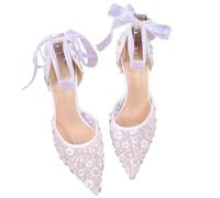 French Beaded Hollow Sandals Women's White Lace Strap Pointed High Heel Main Wedding Shoes(White (6.5CM),40)