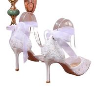French Beaded Hollow Sandals Women's White Lace Strap Pointed High Heel Main Wedding Shoes(White (8.5CM),35)