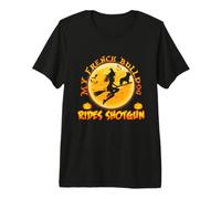French Bulldog Dog Rides Shotgun Witch Broom Funny Halloween Camiseta Premium