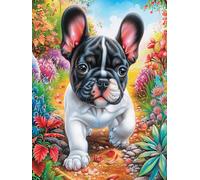 French Bulldog en las flores Puzzle 300 Piezas Obra De Arte 3D Realista Animal fantástico de animales salvajes Rompecabezas Para Hombres Y Mujeres Desafío Intelectual Estera Portátil DIY Moderno 300 P