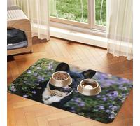French Bulldog Stands In Flowers Design,Waterproof Pet Feeding Mat,PU Leather Placemats for Cat Dog Water Bowl,Food Mats,40x60cm
