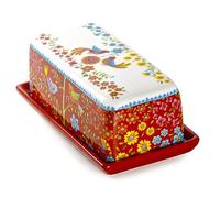 French Ceramic Butter Dish with Lid Rectangular Pastry Tray Underglaze Hand-Painted Design Microwave and Dishwasher Safe