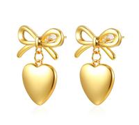 French Elegant Gold Brass Earrings Heart Drop, Dainty Bow Pendant Jewelry for Women, Daily Wear & Special Occasions
