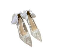 French Lace Wedding Shoes Bridesmaid White Pointed High Heels Women Slim Heel Design Sense of Niche Bridal(White 6cm,39)