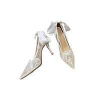 French Lace Wedding Shoes Bridesmaid White Pointed High Heels Women Slim Heel Design Sense of Niche Bridal(White 8cm,39)