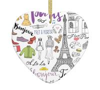 French Paris Tour - Colgante de cerámica con diseño de corazón de Navidad con la Torre Eiffel, decoración de árbol de Navidad con cuerda de hilo dorado