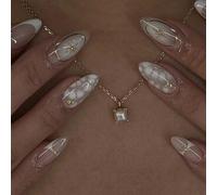 French Press On Nails Almond Medium Fall Fall Fake Nails con detalles de pétalos blancos y diseño de hilo dorado 3D, uñas acrílicas pulidas en gel brillante, 24 unidades