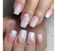 French Press on Nails Square False Nails Pink Gradient Stick on Nails Ballerina Acrylic Fake Nails 24pcs for Women and Girls