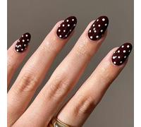 French Styles - Uñas postizas color rojo vino con puntos blancos, varios tamaños, fácil aplicación, larga duración para mujeres, durabilidad