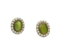 French Vintage Cat Eye Earrings, Green Faux Pearl Studs, 15mm Oval Aluminum Jewelry, Elegant Lightweight Accessories for Women Daily Party