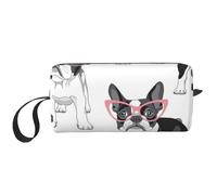 Frenchie Negro Bulldog Francés Dibujos Animados Gafas Rosas Perro Blanco, Bolsa de Maquillaje Bolsa de cosméticos Bolsa de artículos de tocador de Viaje portátil Bolsa de Maquillaje