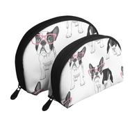Frenchie Negro Bulldog Francés Dibujos Animados Gafas Rosas Perro Blanco, Bolsa de Maquillaje de Concha, Monedero pequeño para Mujer, Bolsa de artículos de tocador, Bolsa de cosméticos, 2 Piezas