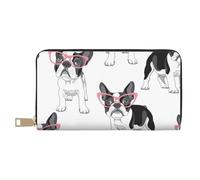 Frenchie Negro Bulldog Francés Dibujos Animados Gafas Rosas Perro Blanco, Carteras Cartera de gran capacidad para hombres y mujeres Carteras Tarjeta de crédito Cartera de cuero de microfibra