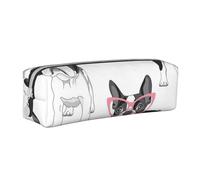 Frenchie Negro Bulldog Francés Dibujos Animados Gafas Rosas Perro Blanco, Estuche para lápices Estuche para lápices Estuche para lápices de cuero portátil con estuche para cosméticos con cremallera