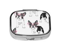 Frenchie Negro Bulldog Francés Dibujos Animados Gafas Rosas Perro Blanco, Pastillero cuadrado para bolsillo o monedero, pequeño contenedor de pastillas, organizador de pastillas de viaje