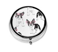 Frenchie Negro Bulldog Francés Dibujos Animados Gafas Rosas Perro Blanco, Pastillero, Pastillero redondo Pequeño contenedor de pastillas Organizador de pastillas de viaje