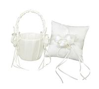 freneci Boda Marfil Satén Perla Cuentas Anillo Almohada Almohada Cojín & Cesta de Flores