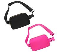 Frenou Riñonera de moda para mujeres y hombres, con correa ajustable para viajes, correr, Negro y magenta, 10 inches x 4 inches x 3 inches, Paquete de 2 riñoneras