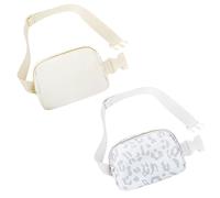 Frenou Riñonera de moda para mujeres y hombres, con correa ajustable para viajes, correr, senderismo, caminar, Blanco roto y blanco leopardo, Paquete de 2 riñoneras