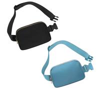 Frenou Riñonera de moda para mujeres y hombres, con correa ajustable para viajes, correr, senderismo, caminar, Negro + azul claro, Paquete de 2 riñoneras