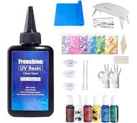Frenshion Resina ultravioleta, fórmula actualizada 100g resina ultravioleta dura de baja viscosidad + pigmento + molde + lentejuelas + almohadillas + herramientas + guantes de joyería