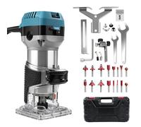 Fresa de cantos 1000 W, 30000 rpm - 6 velocidades, manejo con una sola mano, conexión de aspiradora, 15 cabezales de fresado de accesorios para madera • Para biselado, ranuras, bordes, perforación