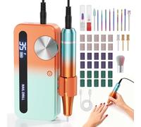 Fresa de uñas eléctrica con 12 cabezales de pulido y 30 bandas de lijado, 0-35.000 rpm para manicura y pedicura para cortar, limar, dar forma y cuidar uñas y cutículas, Ajustable (Naranja)