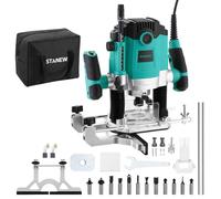 Fresadora Para Madera 1800 W,10000-28000 RPM, STANEW,Rebajadora Eléctrica con Juego de 12 fresas,7 Velocidades,3 Alicates de 6,8,12 mm,Ajuste de la Profundidad de Fresado, Bolsa de Lona
