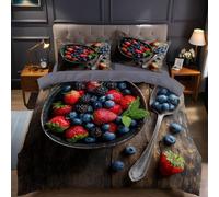 Fresas de Frutas y puré Funda nórdica Cama 180 Mesa De Madera Vieja Juego de 3 Piezas 240x260 cm en poliéster Suave y Transpirable,Funda edredón y 2 Fundas de Almohada, Ropa de Cama Juvenil