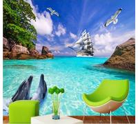 Fresco Bello Cielo Azul Costa Delfines Veleros 3D Papel Pintado Tapiz Textura de Seda Oficina Comedor Sofá Dormitorio Sala Estar TV Fondo Pantalla-350cm×256cm