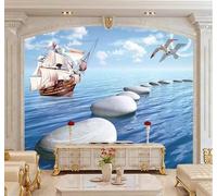 Fresco Bello Rocas Marinas Veleros Aves En Vuelo Cielo Azul Papel Pintado 3D Seda Texturizada Primera Calidad Neutros Material Ideal Para SalóN Dormitorio-200cm×140cm