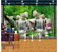 Fresco Bosque De Bambú Jardín Pavo Real Paisaje Papel Pintado 3D Seda De Lujo Pared Estudio Comedor Sofa Dormitorio Madera Salon Tv Decorativo-350cm×256cm