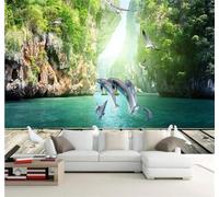 Fresco Delfines Nadando Palomas Mar Paisaje 3D Papel Pintado Tapiz Textura de Seda Oficina Comedor Sofá Dormitorio Sala Estar TV Fondo Pantalla-300cm×210cm