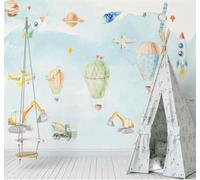 Fresco Dibujos Animados Aviones Globos Cohetes Papel Pintado 3D Seda De Lujo Pared Estudio Comedor Sofa Dormitorio Madera Salon Tv Decorativo-250cm×170cm