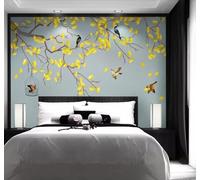 Fresco Elegante Ginkgo Pintado A Mano Flores Y Pájaros 3D Papel Pintado Tapiz Textura de Seda Oficina Comedor Sofá Dormitorio Sala Estar TV Fondo Pantalla-400cm×280cm