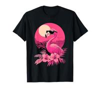 Fresco Flamenco Rosa Con Gafas De Sol Retro Puesta De Sol Vi Camiseta