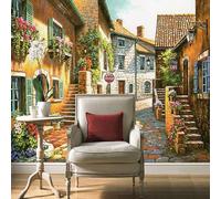 Fresco Hermosa Ciudad Vintage Casa Pequeña Flor Camino 3D Papel Pintado Pared Fácil Instalación Oficina Sala Estar Sofá Dormitorio TV Fondos Decoración-300cm×210cm