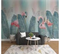 Fresco Plantas Hojas Verdes Rosa Flamencos Papel Pintado 3D Seda De Lujo Pared Estudio Comedor Sofa Dormitorio Madera Salon Tv Decorativo-150cm×105cm