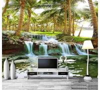 Fresco Tridimensional Palmeral Cascada Cisnes 3D Papel Pintado Lujo Casa Sala Decoración Estar Comedor Sofá Dormitorio TV Fondo de Pared-250cm×170cm