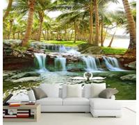 Fresco Tridimensional Palmeral Cascada Cisnes Papel Pintado 3D Seda De Lujo Pared Estudio Comedor Sofa Dormitorio Madera Salon Tv Decorativo-150cm×105cm